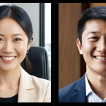 **Visualizing Cross-Cultural Misunderstanding:** A split-screen image. On one side, a Western businessperson smiles confidently, making direct eye contact during a video call. On the other, an Asian businessperson subtly avoids eye contact, looking down respectfully. The scene aims to depict the potential for misinterpretation in non-verbal cues across cultures. Focus on realistic and professional settings.